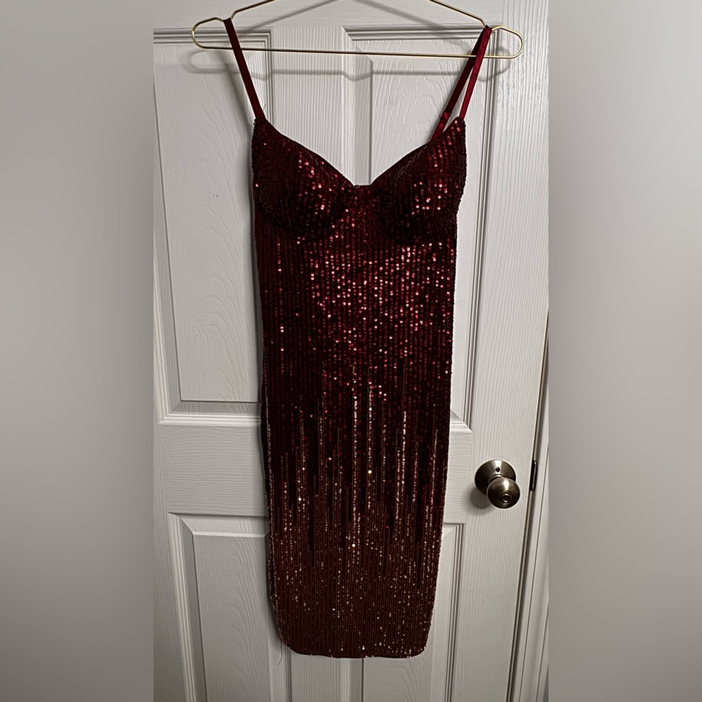 Fashion Nova Burgundy Sequin Slip Dress